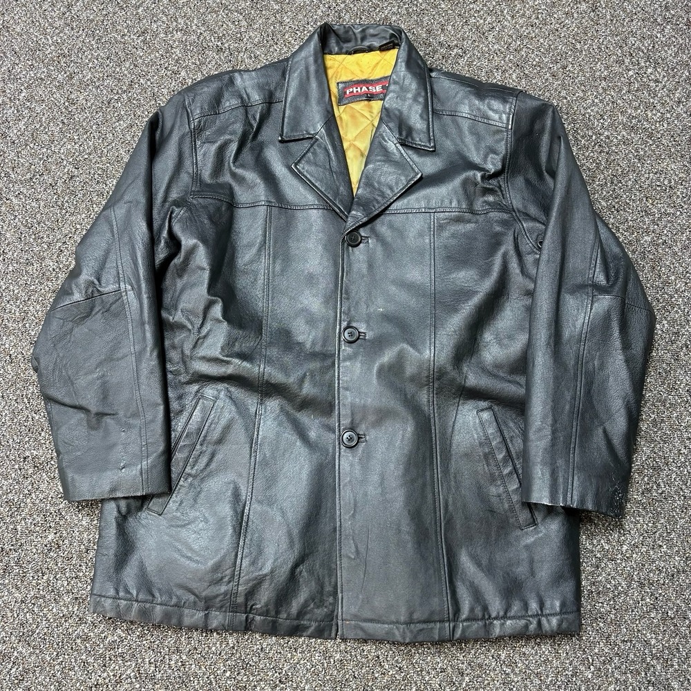Phase 2 Leather Jacket Black Chore Coat Size Large Lined Yellow Quilted